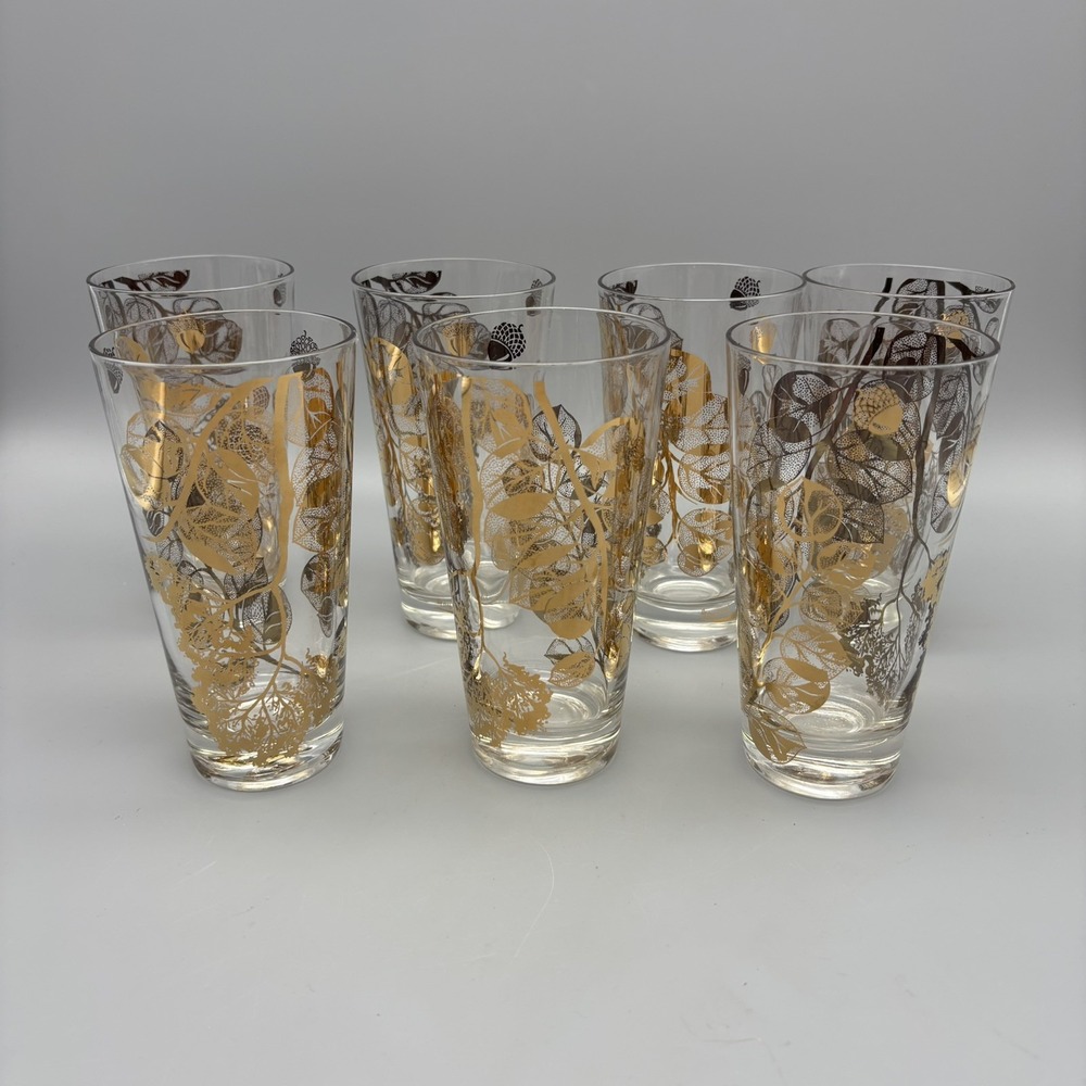 Gay Fad Gold Acorn Leaf High Ball Glasses 5.75"‎ Tall 12 Oz MCM Set Of 7